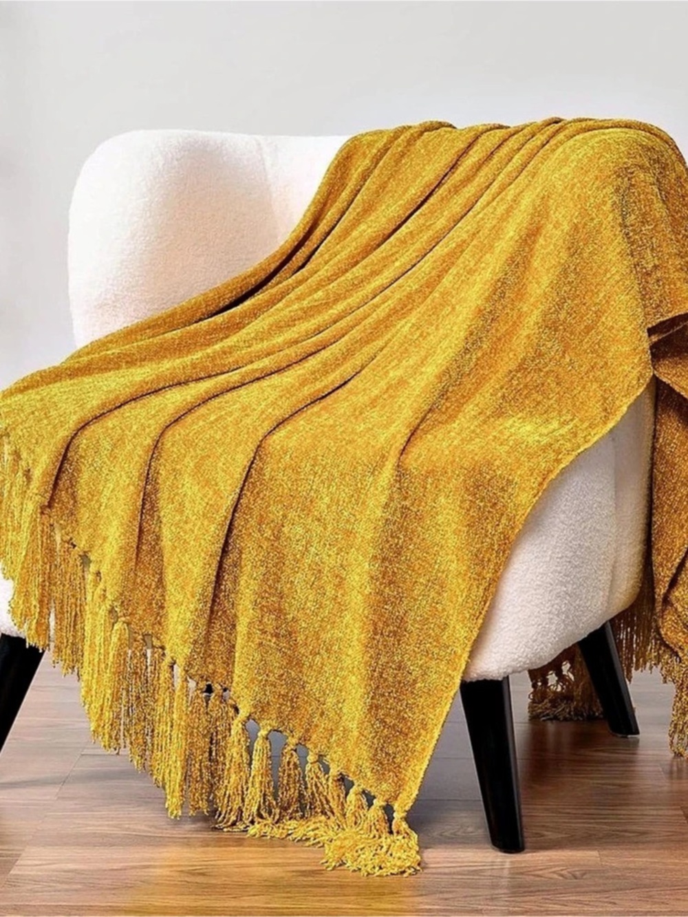 Chenille Throw Blanket Knit Sofa Couch Tassel Throw, Mustard Gold 50x60